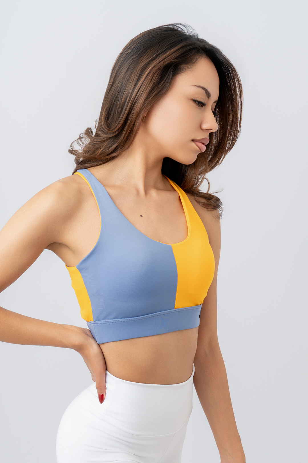 TOP CROSSED BICOLOR CELESTE OSCURO + MOSTAZA
